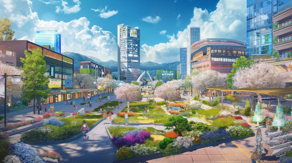 Image of cityscape with modern architecture, vibrant cherry blossoms, and a bustling park setting under bright blue skies. this urban scene features a mix of skyscrapers, lush green spaces, and colorful flower gardens, perfect for showcasing the blend of nature and city life.