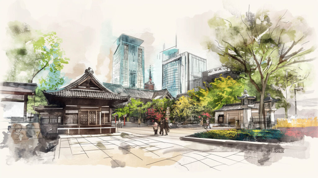 Image of watercolor illustration of a vibrant urban scene blending traditional japanese temple architecture with modern skyscrapers. this juxtaposition of cultural heritage and contemporary structures highlights tokyo's unique cityscape. lush greenery and people walking create a lively atmosphere, perfect for those exploring japan