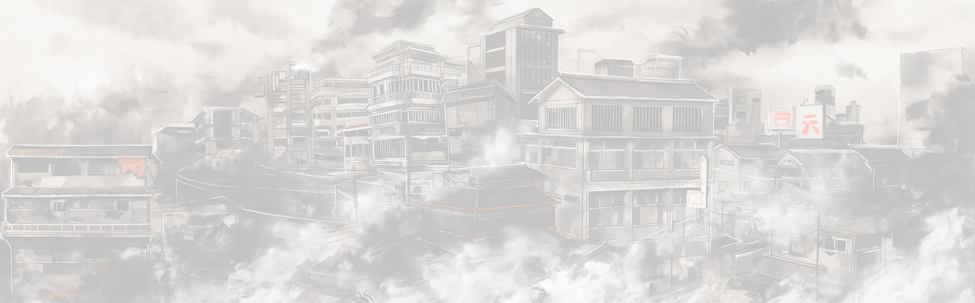 Image of this image depicts a stylized urban landscape, illustrating a foggy city scene with multiple buildings in an asian architectural style. the city appears to be enveloped in mist, creating an atmospheric and moody setting. the structures range in complexity, suggesting a