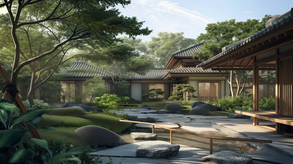 Image of elegant japanese garden scene with traditional architecture, featuring stone pathways, lush greenery, and a serene pond. the harmonious landscape design embodies tranquility and zen aesthetics, highlighting classic japanese cultural elements and peaceful natural surroundings. perfect for relaxation and mindfulness settings.