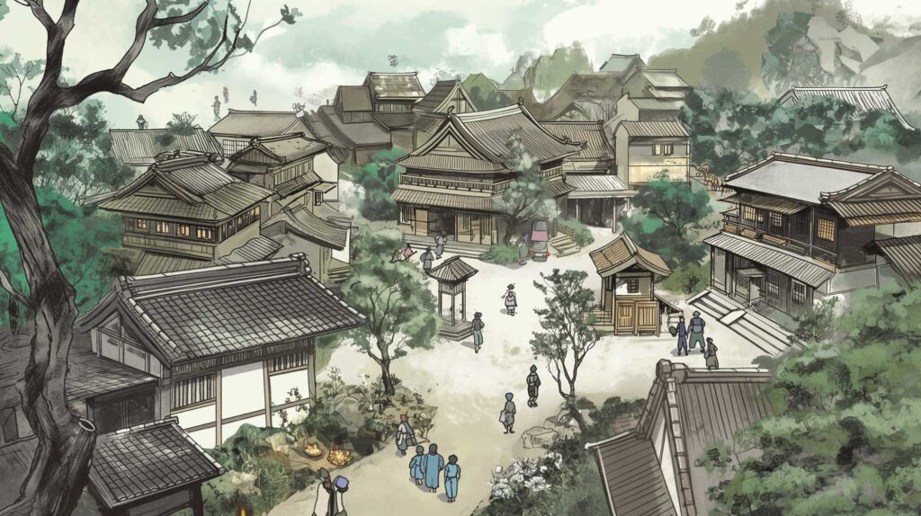 Image of this image depicts a traditional japanese village scene, showcasing beautifully detailed architecture with sloping tiled roofs and wooden structures. the village is bustling with people dressed in traditional attire, surrounded by lush greenery and trees. the setting is serene, highlighting the harmonious blend of