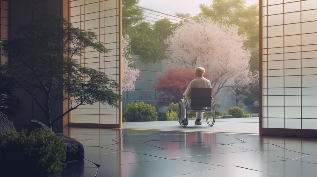 Image of serene asian garden scene with an elderly person in a wheelchair gazing at cherry blossoms and lush greenery outside a traditional japanese room with shoji screens. the tranquil setting emphasizes relaxation, accessibility, and the beauty of nature in a zen-inspired landscape.