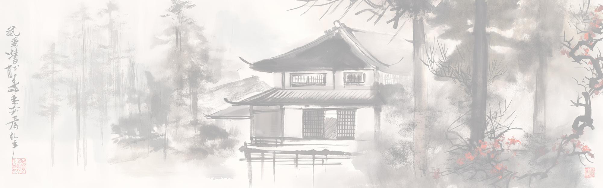 Image of elegant traditional chinese ink painting depicting a serene landscape with a classic pagoda nestled among misty trees. vibrant red blossoms add a touch of color. perfect representation of ancient asian art, showcasing cultural heritage and nature's tranquility.