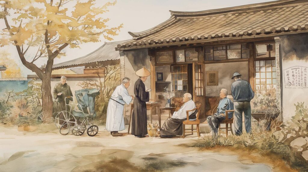 Image of watercolor painting depicting a serene traditional scene outside an asian house. elderly men gather under an autumn tree with golden leaves, engaging in conversation. a historical, cultural ambiance is highlighted by traditional clothing and the architecture, offering a glimpse into east asian heritage