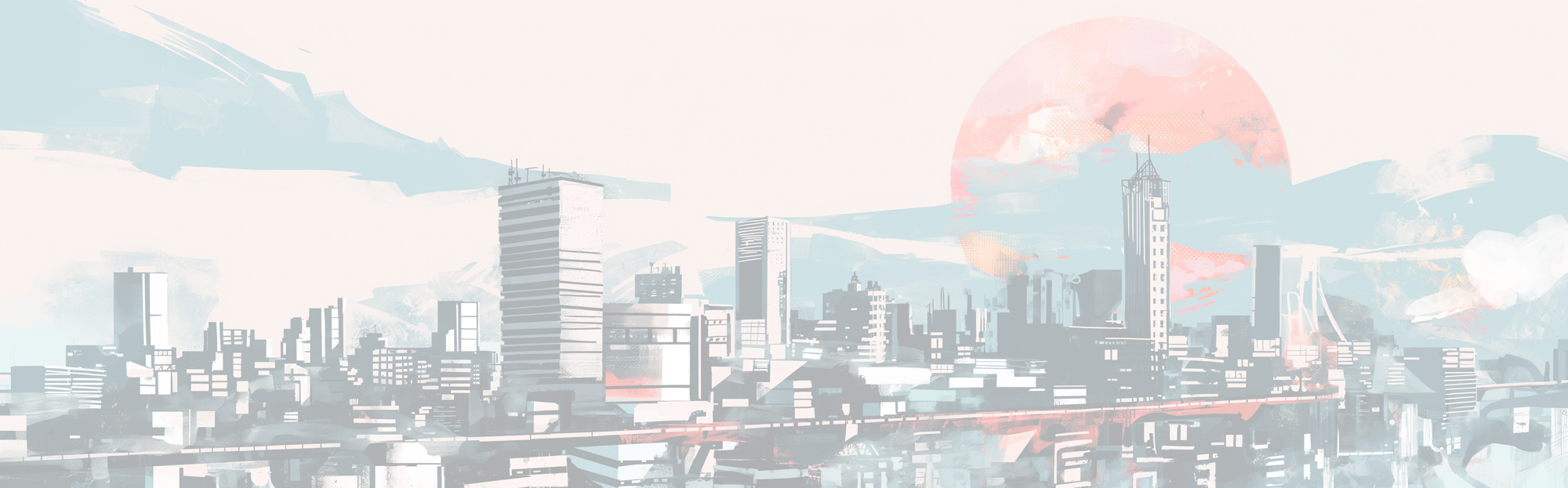 Image of futuristic cityscape illustration showcasing a modern skyline under a large, stylized sun. the scene features tall skyscrapers and an overlay of soft pastel colors. ideal for content related to urban city planning, futuristic architecture, and artistic city visuals.