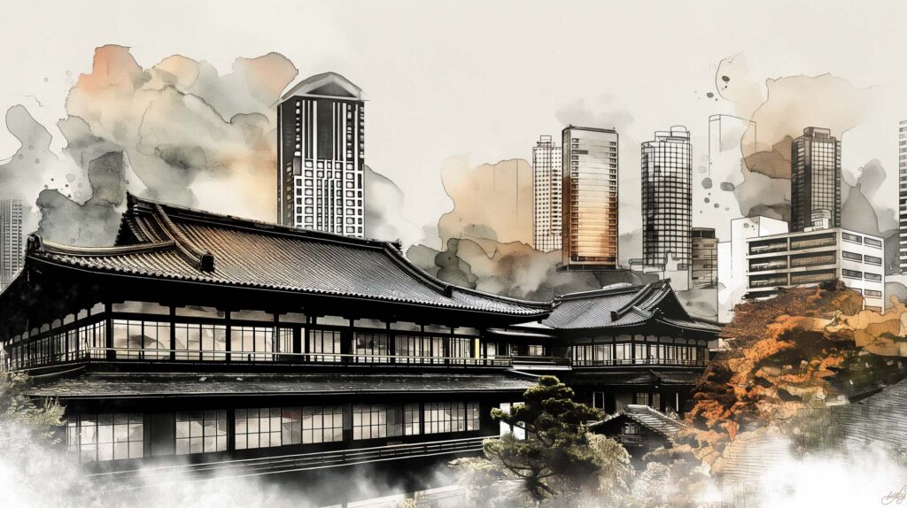 Image of this image artistically blends traditional and modern architecture, featuring a classic japanese building juxtaposed against a backdrop of towering contemporary skyscrapers. the scene highlights the contrast between cultural heritage and urban development, offering a unique perspective on architectural evolution in japan. the serene