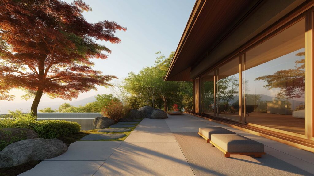 Image of modern minimalist house with a spacious patio overlooking serene nature. the japanese-inspired landscape features lush greenery, a vibrant red-leafed tree, rocks, and elegantly placed wooden benches. the large glass windows reflect a tranquil outdoor scene, perfect for a peaceful retreat