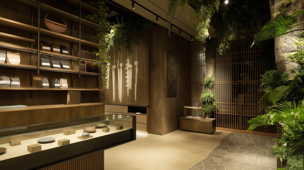 Image of a modern, eco-friendly store interior showcasing minimalist design and natural elements. the space features wooden shelves displaying packaged products, a glass display case with artistic items, and an array of lush greenery, creating a tranquil, earthy ambiance. ideal keywords: modern store