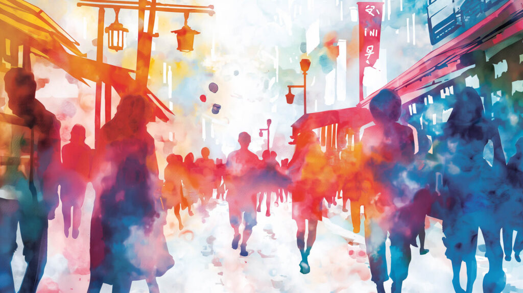 Image of colorful watercolor illustration depicting a bustling urban street scene filled with silhouettes of people walking. the vibrant blend of warm and cool colors highlights the lively atmosphere, reminiscent of an asian cityscape with traditional lanterns and architectural elements visible. perfect for keywords like urban