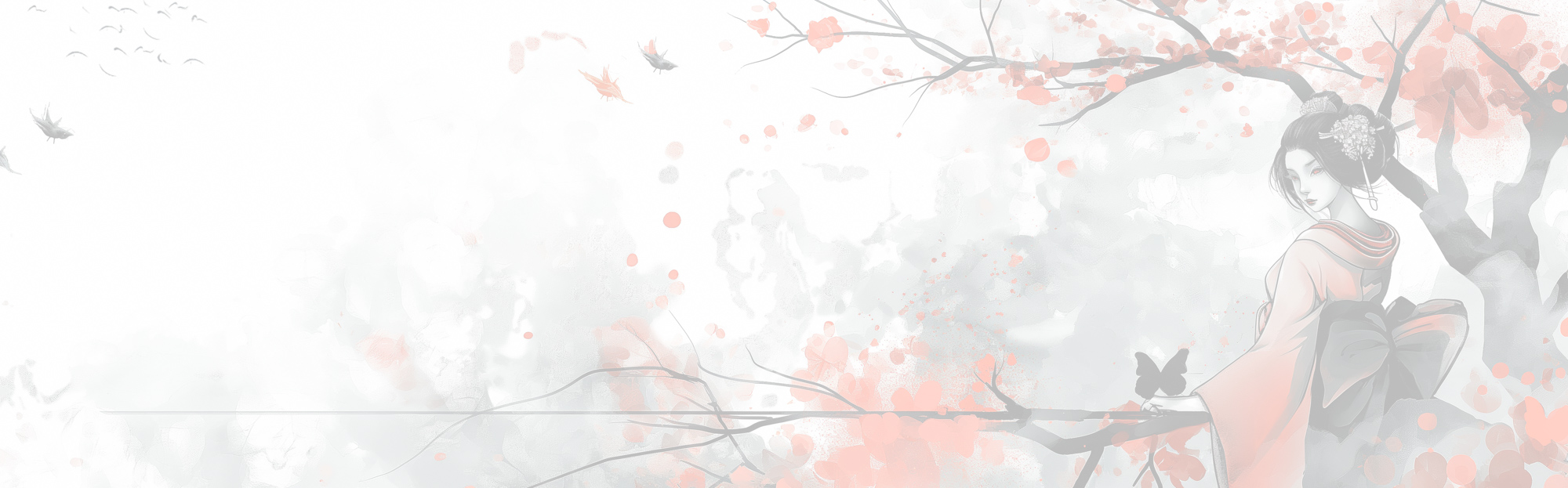 Image of this elegant illustration features a traditional japanese geisha amidst a backdrop of cherry blossoms and delicate branches. soft hues of pink and white dominate the scene, evoking a serene and timeless atmosphere. the artwork captures the essence of japanese culture, geisha beauty,