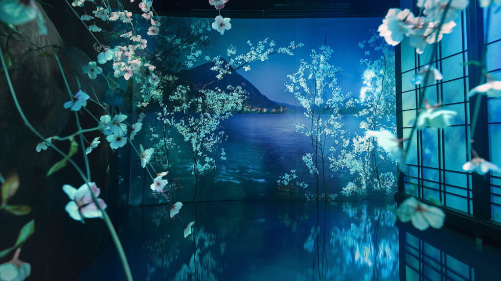 Image of this image features a serene, digitally-enhanced landscape depicting a tranquil lake surrounded by blooming cherry blossoms, set against a backdrop of misty mountains. the scene's immersive blue lighting and floral arrangements create a dreamlike, zen ambiance. perfect for keywords like