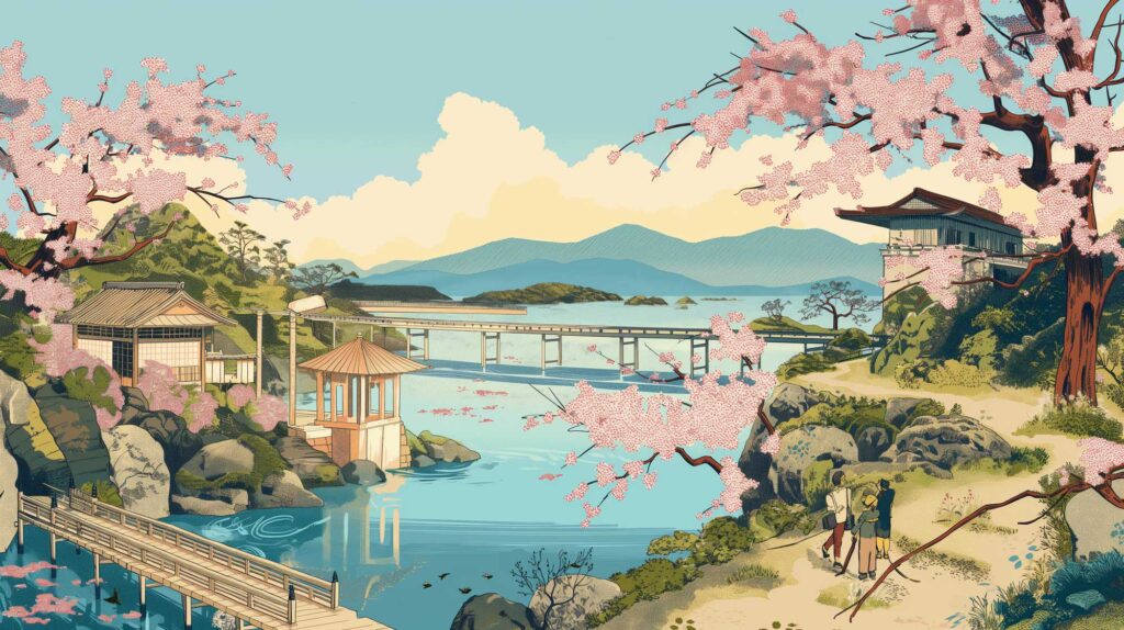 Image of illustration of a serene japanese landscape showcasing cherry blossoms in full bloom surrounding traditional architecture. a tranquil river flows beneath a wooden bridge, while mountains rise in the background. the scene captures the essence of a tranquil spring day in japan, perfect for those seeking