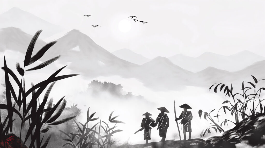 Image of this black-and-white japanese ink painting captures a serene mountain landscape featuring three travelers in traditional attire. the misty mountains in the background enhance the tranquility, while the bamboo in the foreground frames the scene. birds gracefully soar across the sky, adding a sense