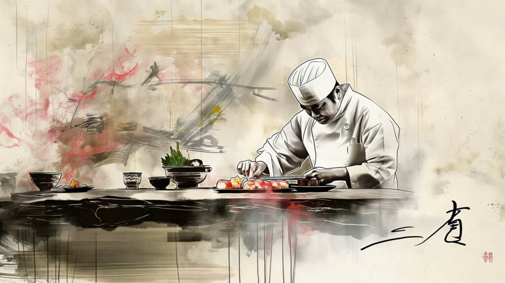 Image of this digital painting depicts a sushi chef meticulously preparing sushi in a japanese restaurant setting. the chef, dressed in traditional attire, focuses intently on his craft, with an array of sushi ingredients and bowls arranged on the table. the abstract background with artistic spl