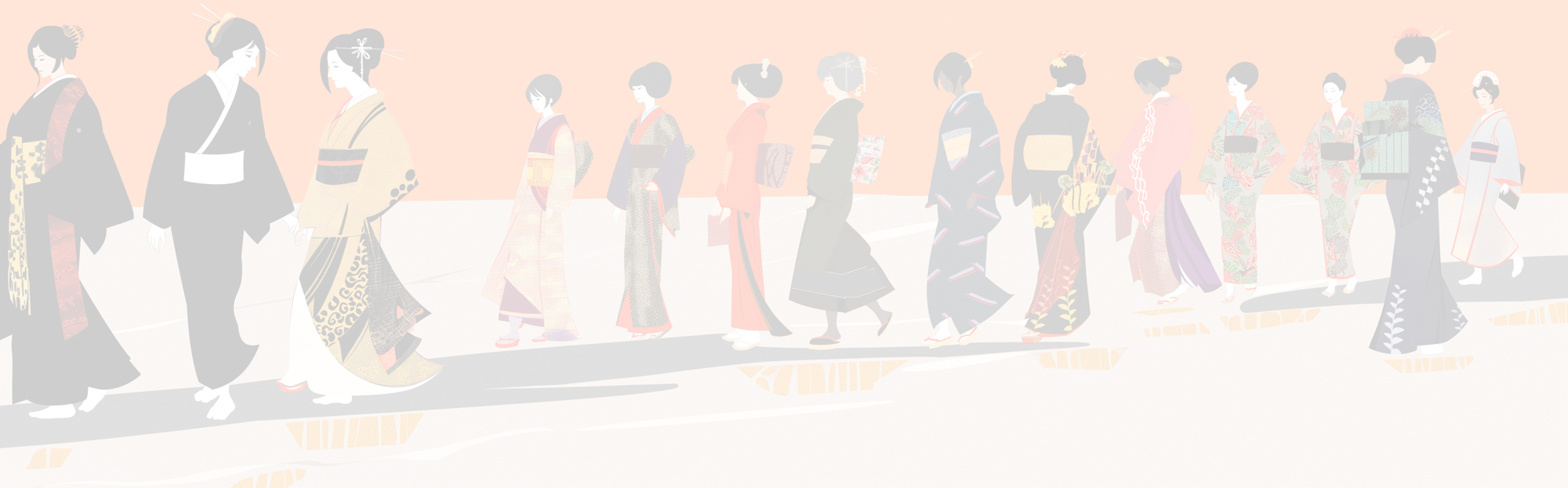 Image of this image depicts a traditional japanese art scene featuring a procession of women elegantly dressed in kimonos. the artwork highlights intricate patterns and vibrant colors, showcasing japanese culture and fashion. the background is soft and minimalistic, drawing attention to the detailed kimono