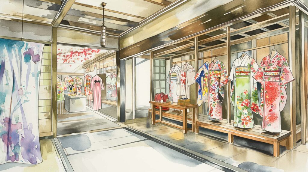 Image of this illustration depicts a traditional japanese kimono shop featuring a vibrant display of colorful kimonos with floral patterns. the shop's interior showcases wooden beams and decorative elements, creating an authentic japanese atmosphere. ideal for those interested in japanese fashion, culture, and
