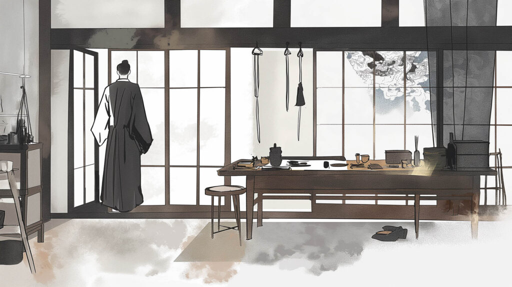 Image of illustrated scene depicting a traditional japanese room with a serene ambiance. a person dressed in traditional attire stands by an open sliding shoji door, gazing outside. the room features wooden furniture, including a table with various items like tea utensils and a stool