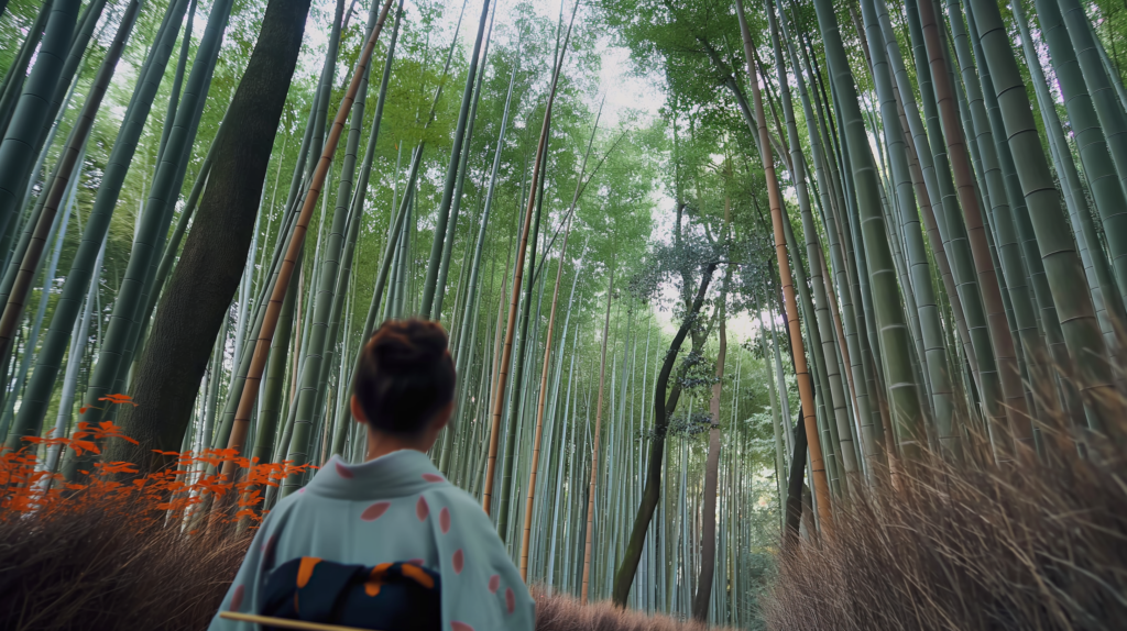 Image of a woman dressed in a traditional kimono stands in the serene arashiyama bamboo grove in kyoto, japan. the towering bamboo stalks create a lush, green canopy overhead, while the path is lined with dense foliage, offering a tranquil and picturesque