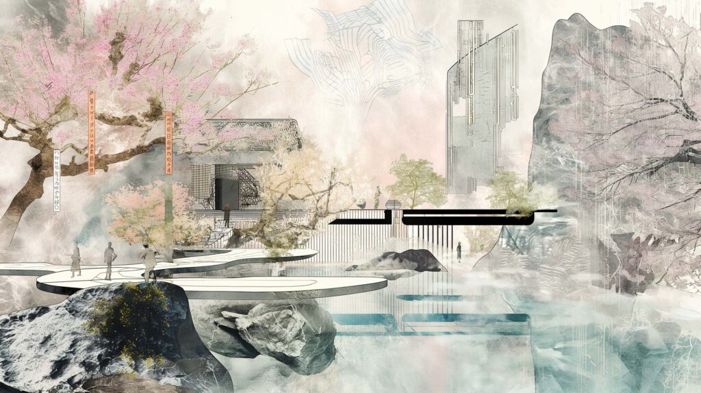 Image of futuristic asian garden concept art featuring cherry blossom trees this intricate concept art depicts a serene futuristic asian garden with blooming cherry blossom trees, abstract architecture, and flowing water elements. the scene blends traditional eastern aesthetics with modern design, showcasing delicate blossoms,