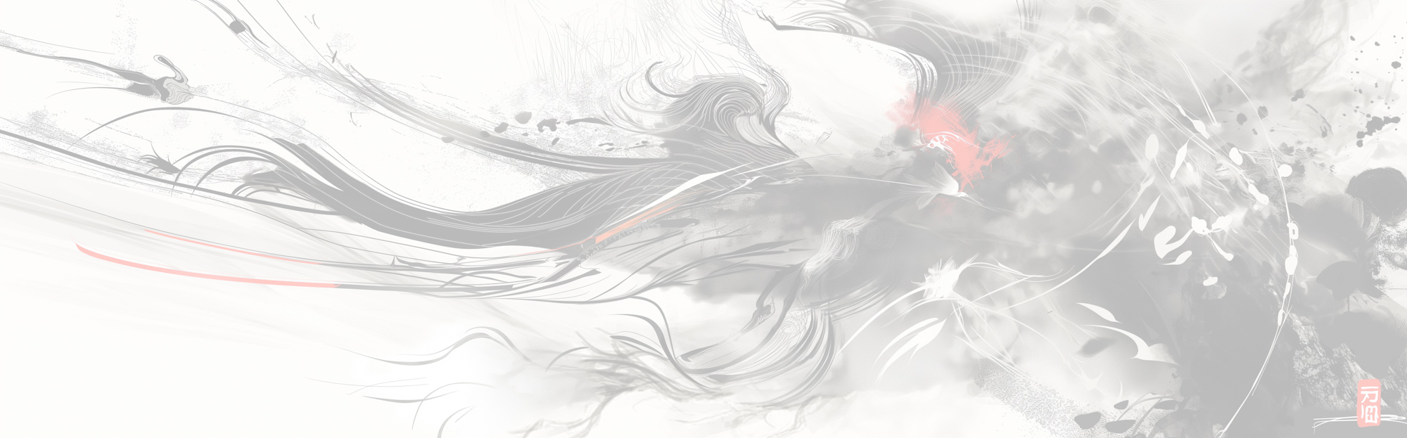 Image of this abstract painting features a dynamic composition of flowing lines and soft splashes of black, white, and red. the ethereal design resembles an oriental ink wash, evoking a sense of movement and harmony. the use of light colors and fluid forms creates