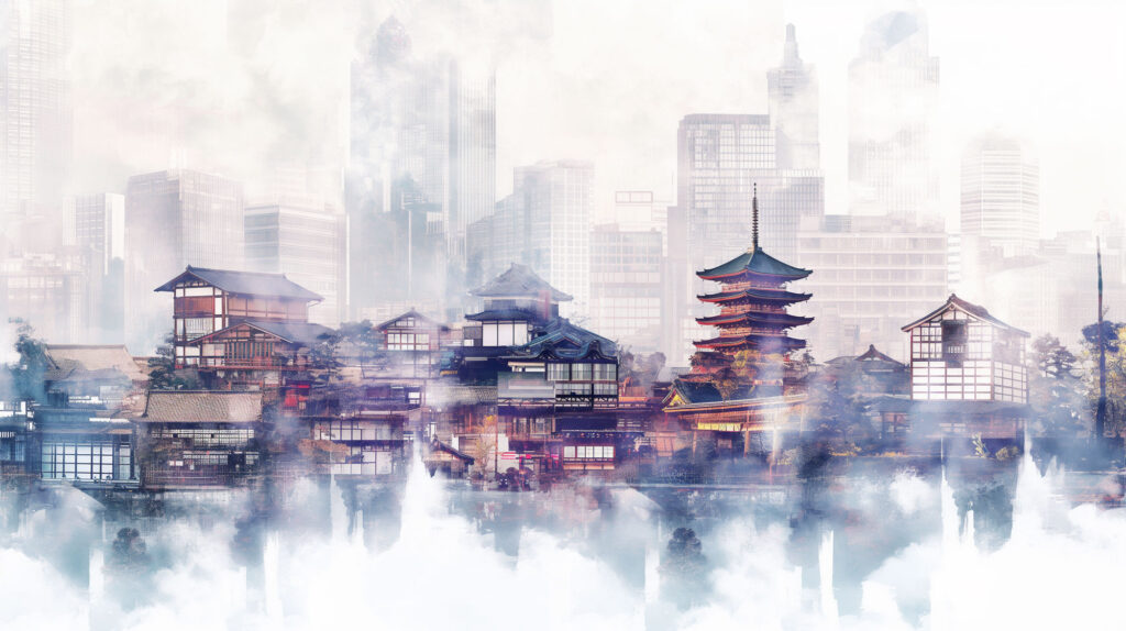 Image of this captivating image depicts a serene fusion of traditional japanese architecture and modern cityscape, with a pagoda and timber-framed houses set against a backdrop of towering skyscrapers. the scene is enveloped in a mystical fog that enhances the contrast between the old