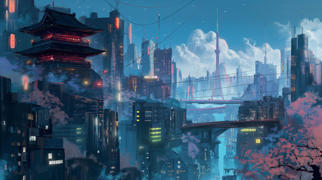 Image of this image features a stunning cyberpunk cityscape, blending traditional japanese architecture with futuristic skyscrapers and neon lights. a pagoda stands prominently against a backdrop of towering buildings and cherry blossoms, all under a vibrant blue sky. keywords: cyberpunk cityscape