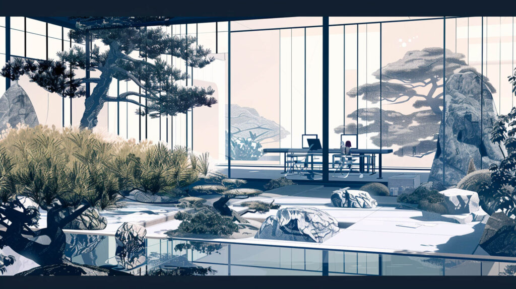 Image of modern office space with a tranquil japanese-inspired garden, featuring large glass windows, natural light, and elegant bonsai trees. the serene indoor environment includes rock formations and lush greenery, offering a blend of nature and contemporary design ideal for productivity and relaxation.