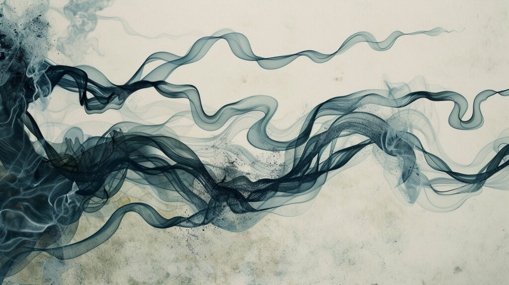 Image of abstract art featuring swirling, translucent waves of blue and gray on a light background. the flowing, ethereal lines create a sense of motion and fluidity, evoking images of smoke or water currents. ideal for art enthusiasts seeking modern, minimalist designs.