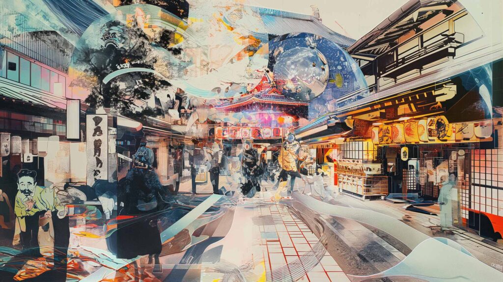 Image of dynamic digital artwork depicting a bustling japanese street market. the vibrant collage features traditional lanterns, bustling crowds, and intricate storefronts, showcasing a fusion of modern and cultural elements. prominent japanese architecture is highlighted under a colorful, abstract sky, evoking