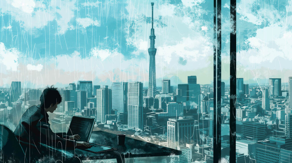 Image of a digital artwork portrays a person working on a laptop by a large window overlooking tokyo's cityscape, featuring the iconic tokyo skytree. the skyline is dotted with high-rise buildings under a vibrant, cloud-filled sky, offering a modern, urban ambiance