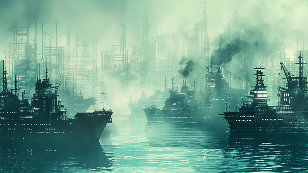 Image of this image depicts a futuristic industrial seascape featuring large ships amidst towering structures. the scene is enveloped in a hazy, greenish atmosphere, reflecting a dystopian vision of maritime industry. keywords: futuristic seascape, industrial ships, dyst