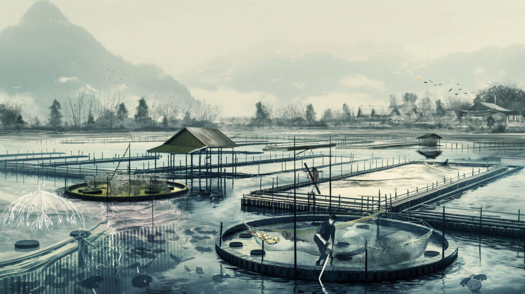 Image of scenic aquaculture farm nestled in a misty landscape featuring fish ponds and traditional buildings. a lone worker tends to a net, enhancing the tranquil rural setting. perfect for illustrating sustainable fish farming, serene countryside, and traditional agricultural practices.