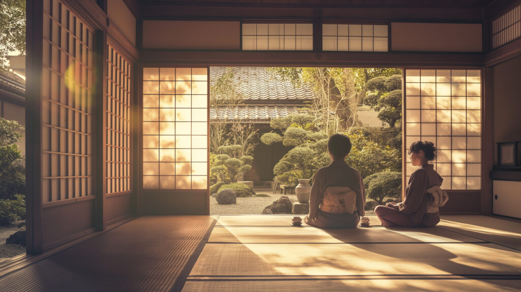 Image of a serene scene in a traditional japanese tea room, where two people sit in meditation by shoji screens overlooking a peaceful zen garden. the room is bathed in warm sunlight, creating a tranquil atmosphere emphasizing japanese culture, meditation, and harmony with nature.