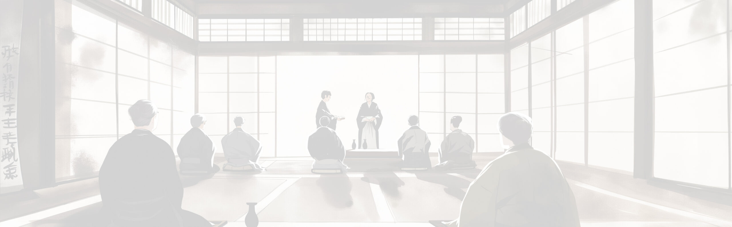 Image of this image depicts a traditional japanese tea ceremony inside a serene tatami room with shoji screens. participants in classic kimono attire are seated on the floor, attentively observing a tea master. the room's tranquil atmosphere highlights japanese cultural heritage and ancient tea