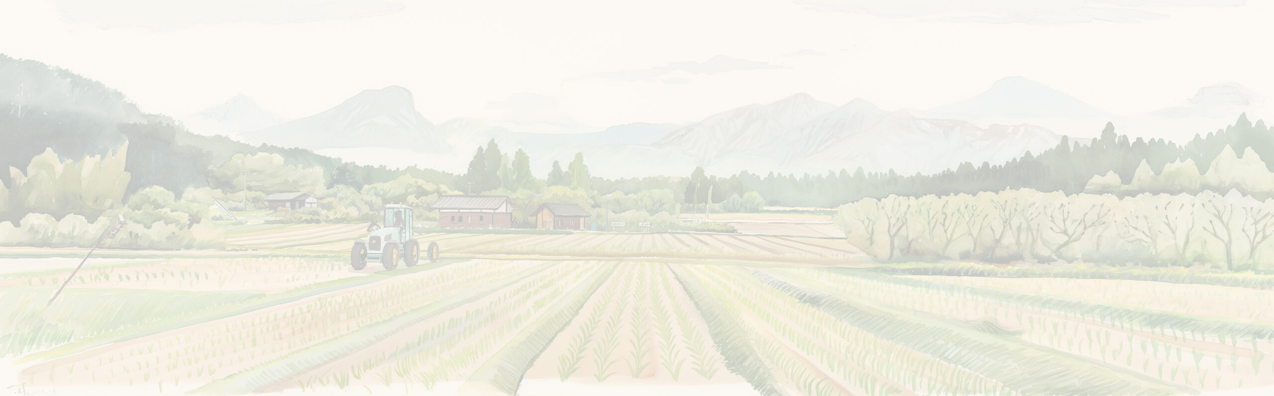 Image of this illustration depicts a serene rural landscape with a tractor working in expansive agricultural fields. in the background, you can see lush trees and distant mountains under a soft, overcast sky. the scene exudes tranquility, characteristic of pastoral farming life, and highlights
