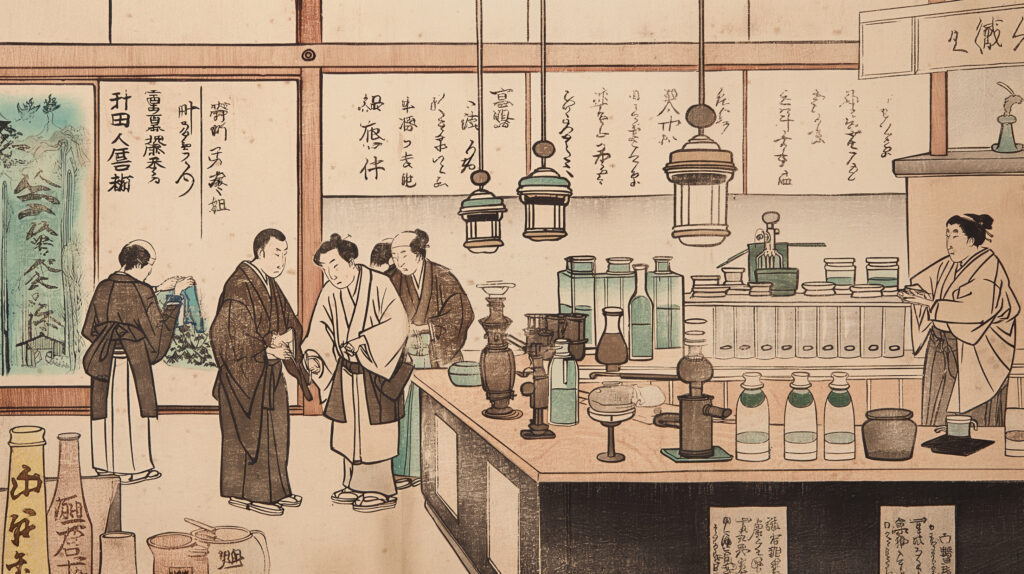 Image of this image depicts a vintage japanese apothecary scene, illustrating a traditional pharmacy setting from the edo period. the artwork features people dressed in historical kimonos, surrounded by an array of medicinal bottles and traditional japanese medicine tools. the detailed woodblock