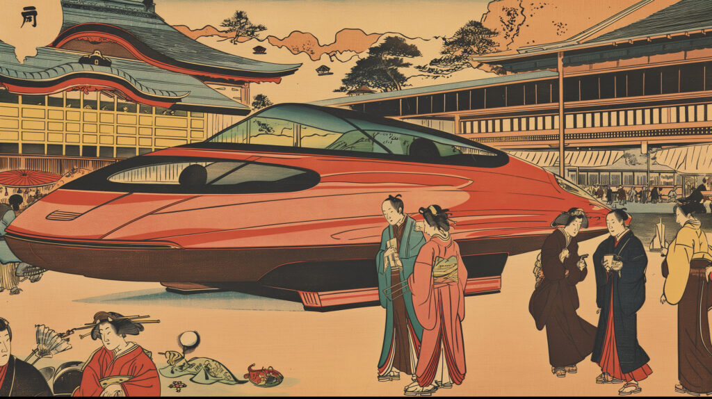 Image of this image is a creative fusion of traditional japanese art and futuristic technology, depicting a sleek, modern train juxtaposed against an edo-period street scene with people in traditional attire, set against classic japanese architecture. keywords: japanese art, futuristic train, edo period