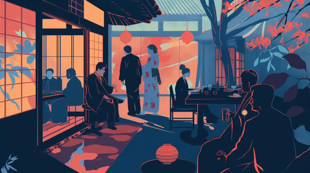 The image depicts a serene evening scene at a trad Image of the image depicts a serene evening scene at a traditional japanese tea house. people are dressed in traditional attire, engaging in quiet conversations and enjoying their drinks. the setting is enhanced by warm lighting, paper lanterns, and lush foliage, creating a peaceful atmosphere