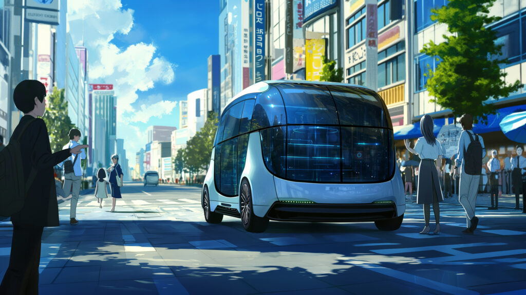 Image of futuristic city scene with a sleek autonomous vehicle traveling on a bustling urban street. the animation showcases advanced transportation technology in a vibrant metropolitan setting, where diverse pedestrians interact in a modern environment. perfect for keywords: futuristic city, autonomous vehicle, urban transportation