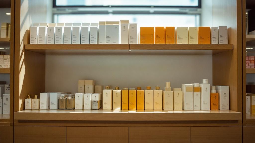 Curated product packaging displayed on a wooden shelf inside a Japanese department store with soft natural lighting
