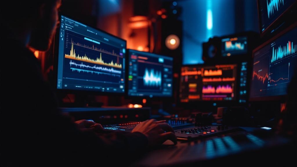 Over-shoulder view of a post-production editor working at a color grading panel in a dimly lit Tokyo studio with multiple monitors