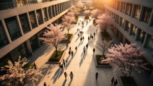 Aerial view of a modern Tokyo university campus courtyard with students walking at golden hour