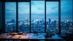 Tokyo skyline viewed through production office windows at dusk with storyboards on a table