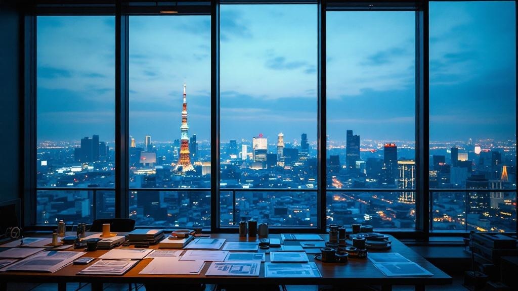 Tokyo skyline viewed through production office windows at dusk with storyboards on a table