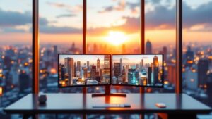 Modern Tokyo high-rise apartment interior with golden hour light and city skyline views