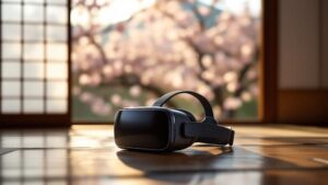 A virtual reality headset on a wooden table inside a traditional Japanese tatami room with cherry blossoms visible through a shoji screen
