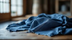 Indigo-dyed Japanese fabric draped over a wooden table in a traditional atelier with soft natural light
