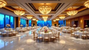 Elegant hotel ballroom in Tokyo set up for a large-scale corporate event with round tables and chandelier lighting