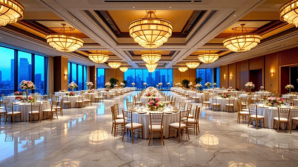 Elegant hotel ballroom in Tokyo set up for a large-scale corporate event with round tables and chandelier lighting