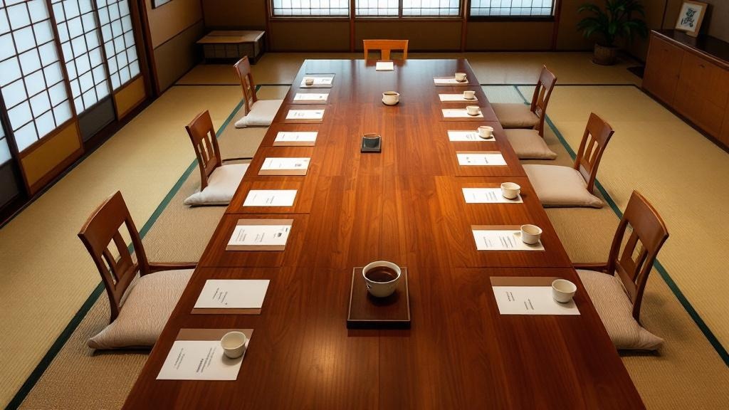 Overhead view of a Japanese conference table with business cards and tea cups arranged beside shoji screen windows